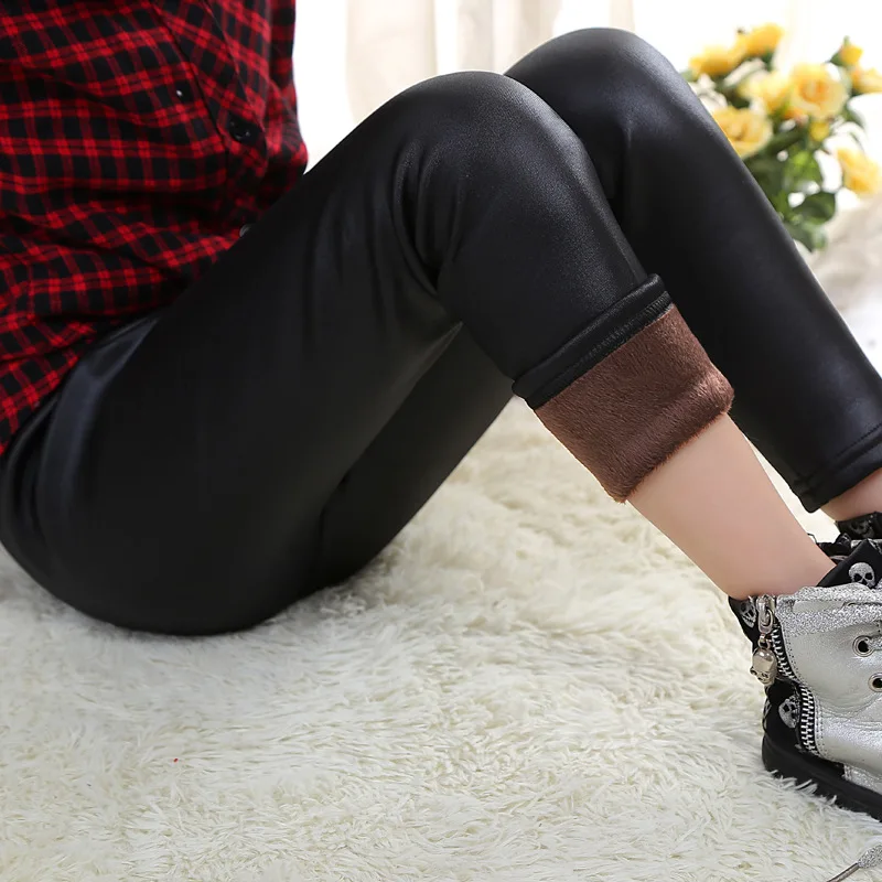 1pcs Autumn Winter Kids Leggings Children Solid Velvet Warm Trousers Girls Casual Leather Pencil Pants Cute Toddler Leegings view 3