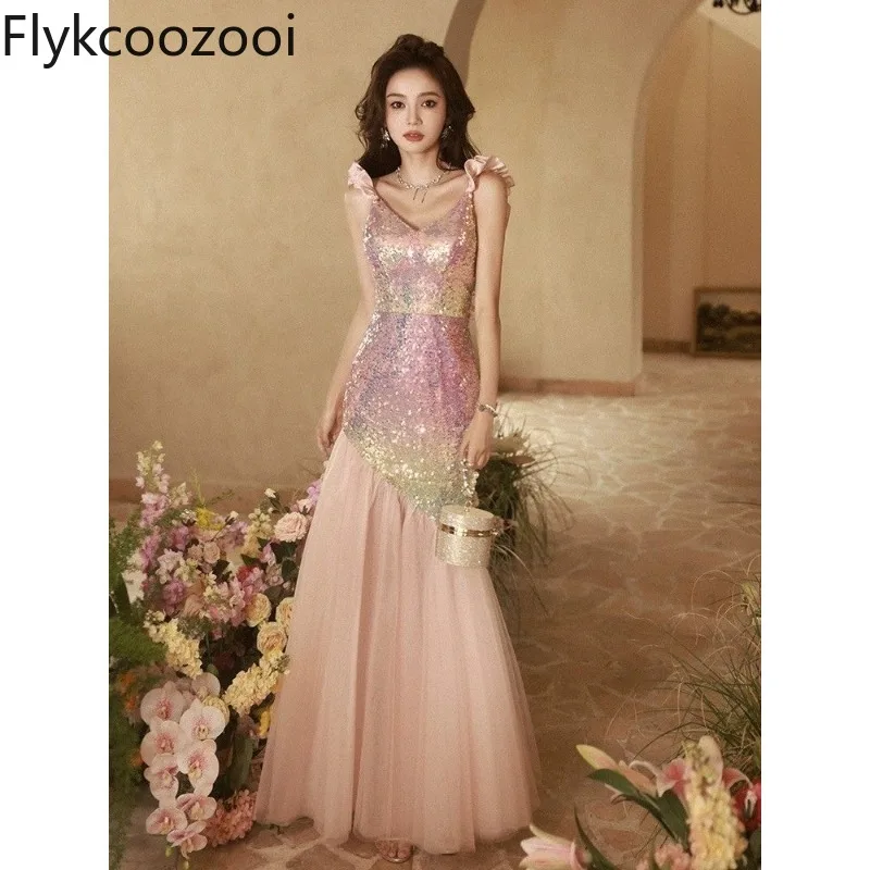 

Lady Luxury Sequined Mesh Spliced Ruffled Straps Camisole Dress Women Exquisite Tight Wrap Hip Mermaid Evening Formal Long Dress