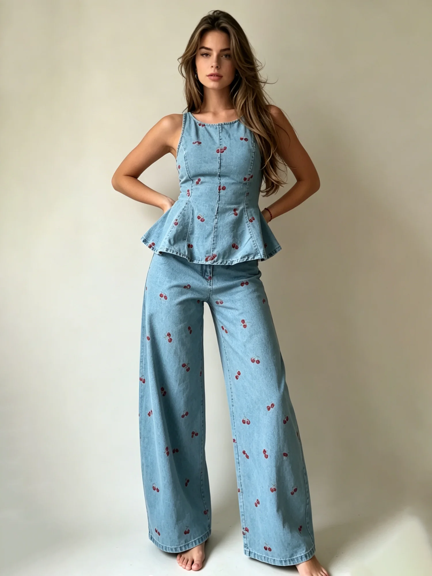 

LIMO　Women Cherry Print Denim 2 Piece Set Sleeveless Peplum Top And Wide Leg Pants