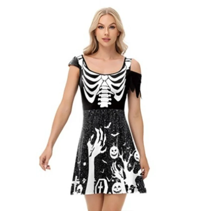 

Halloween Skeleton Pumpkin Print Costume Strapless Dress Gothic Skull Party Outfit Stage Performance Fashion Woman Clothes