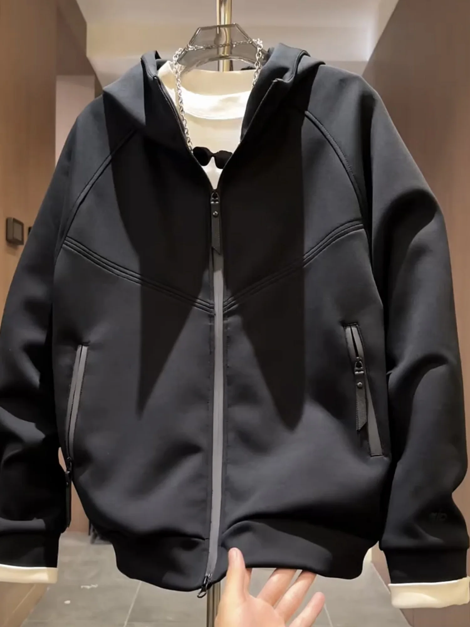 

Casual Spor Men's Jaet with Hood Trendy Simple Design Polyester Fabric Long Sve Warmth Youth Faion Outerwear Coat