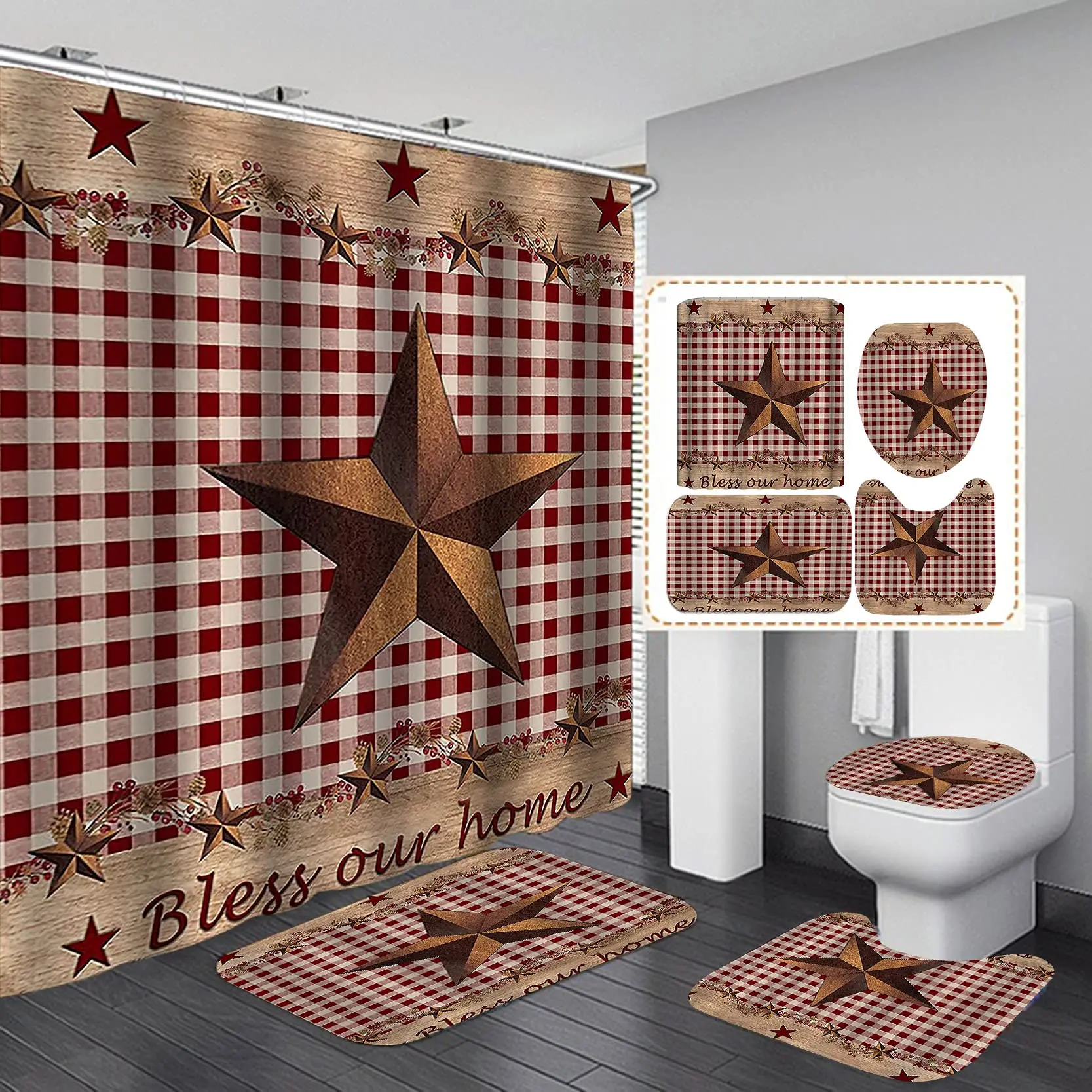 

Vintage Brown Western Texas Star Shower Curtain Set Primitive Berry Star Beige Plaid Rustic Wooden Board Country Bathroom Set