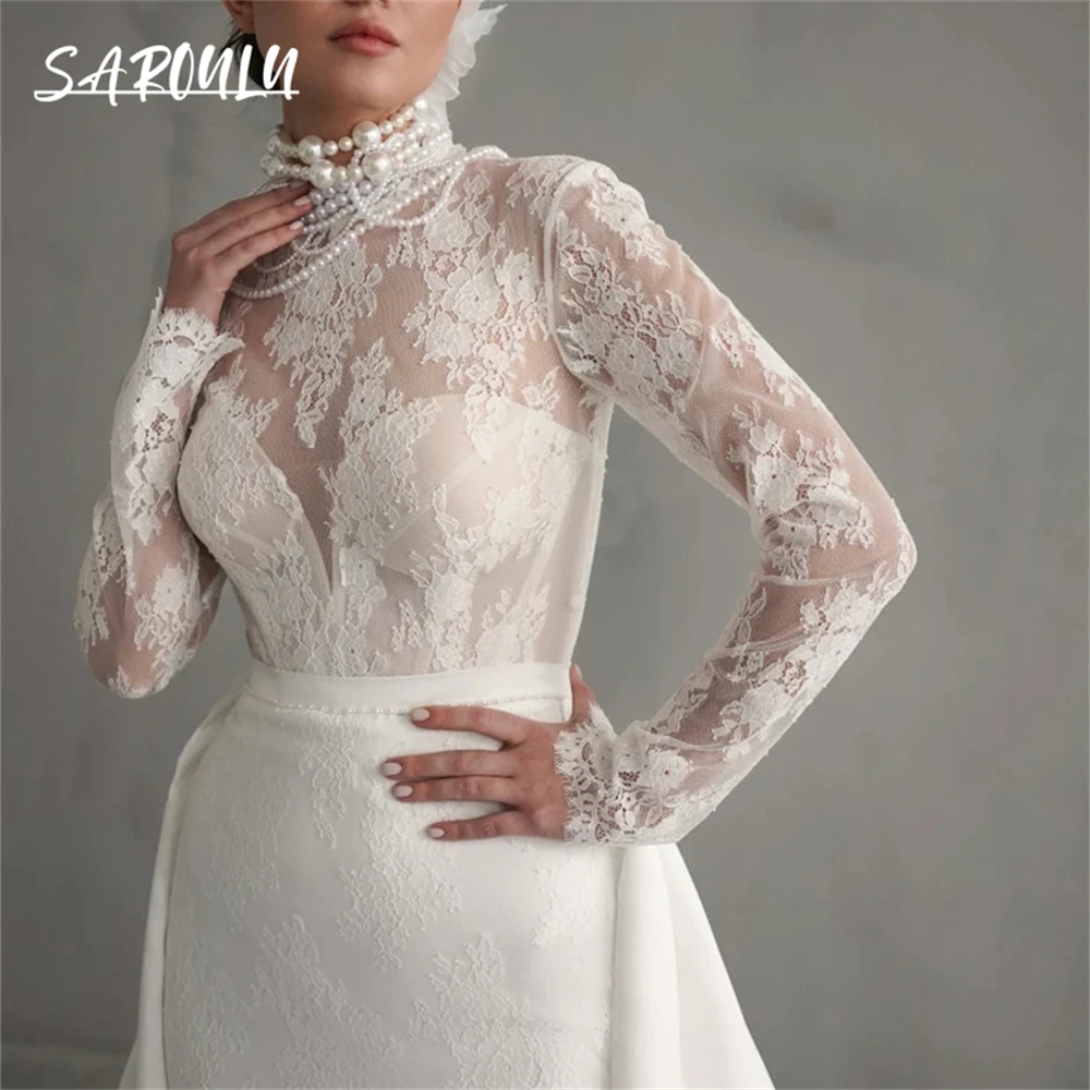 Elegant Lace Mermaid Wedding Dress with Long Satin Overskirt, Long Lace Sleeves Wedding Dress, Romantic Delicate Wedding Dress