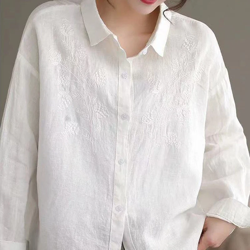 Vintage Embroidery Cotton Linen Loose Long Sleeve Solid Button Up Shirt 2023 Spring Autumn Simple Casual Tops Blouses for Women