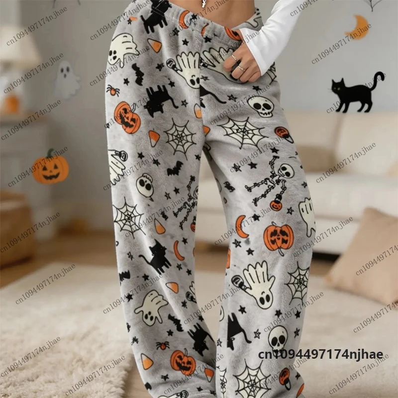 2026 Women's Halloween Pumpkin & Ghost Bat Skull Spider Web Print Flannel Pajama Pants Casual Home Sleep Pants Couple Long Pants