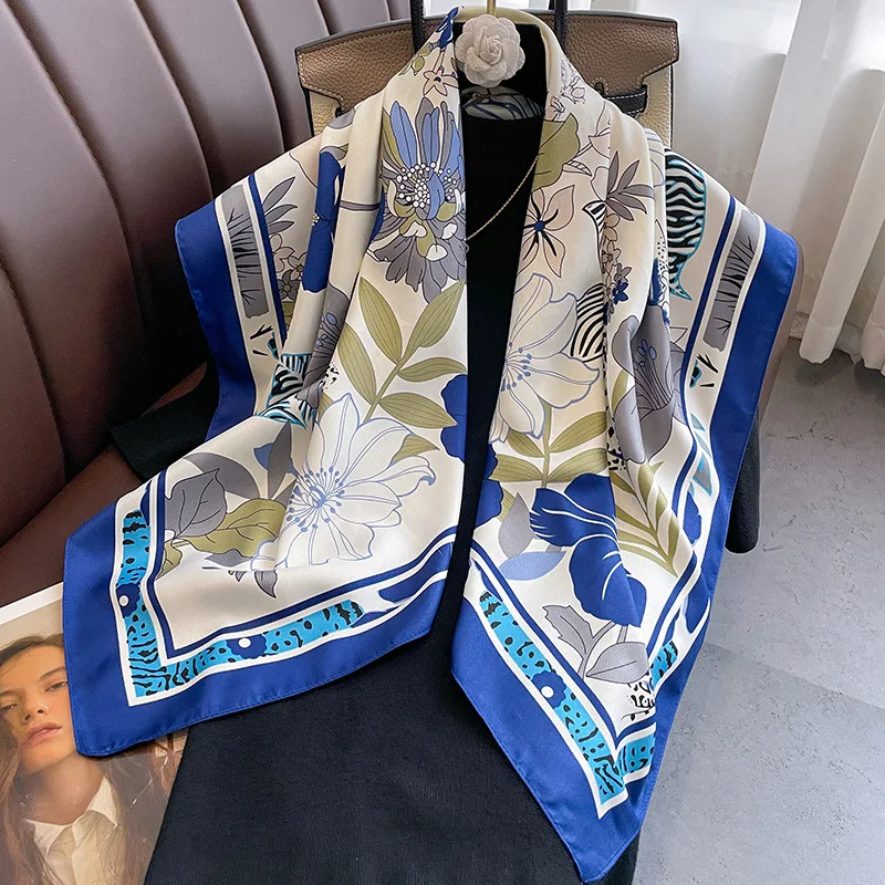 وشاح حريري مربع الأزهار للسيدات ، طباعة عالية الجودة ، شالات ولفافات ناعمة ، حجاب ، أزياء جميلة ، إسبانيا ، 90 × 90 ، 24 #4