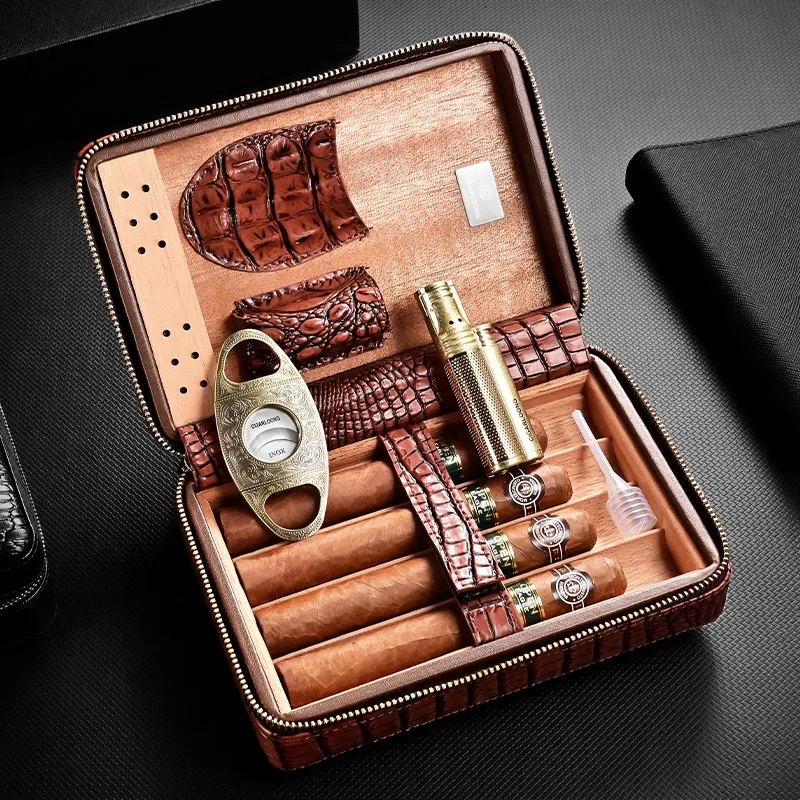 

Portable cigar box set with cigar cutter, windproof lighter, and Cuban cedar humidifier - three piece set (excluding cigars)