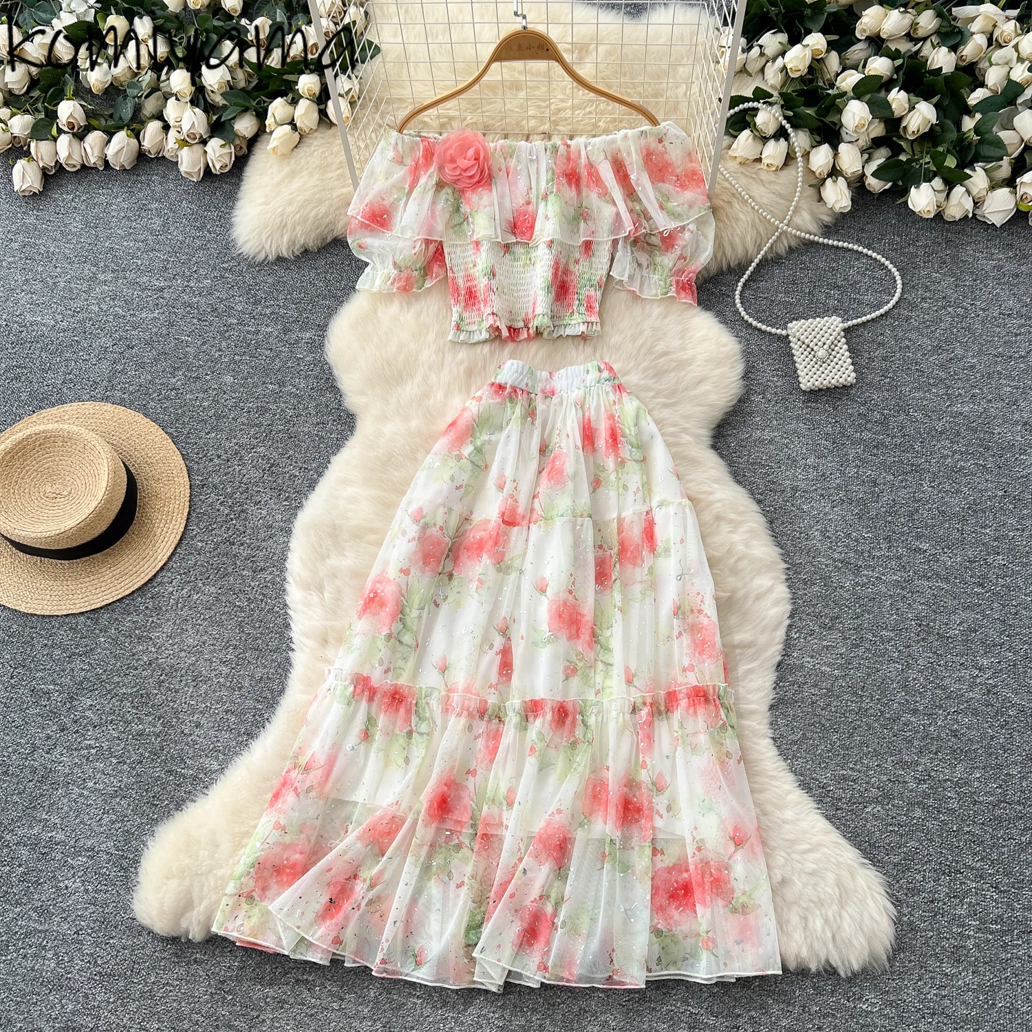 

Woman 2025 New Sets Slash Neck Off Shoulder Bubble Sleeve Shirts & Blouses Elastic Waist Lager Swing Skirt Summer Moda Suit