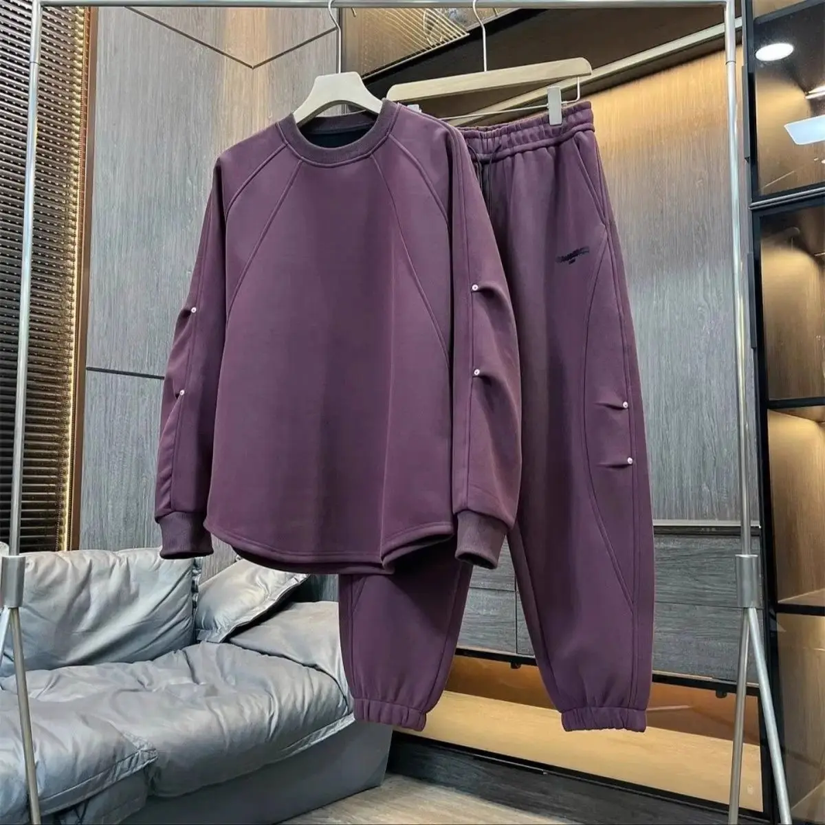 Spring Autumn New Men Two-piece Fashionable Versatile Cold-proof Solid Color Suit Loose Round Neck Casual Sweatshirt Thickened