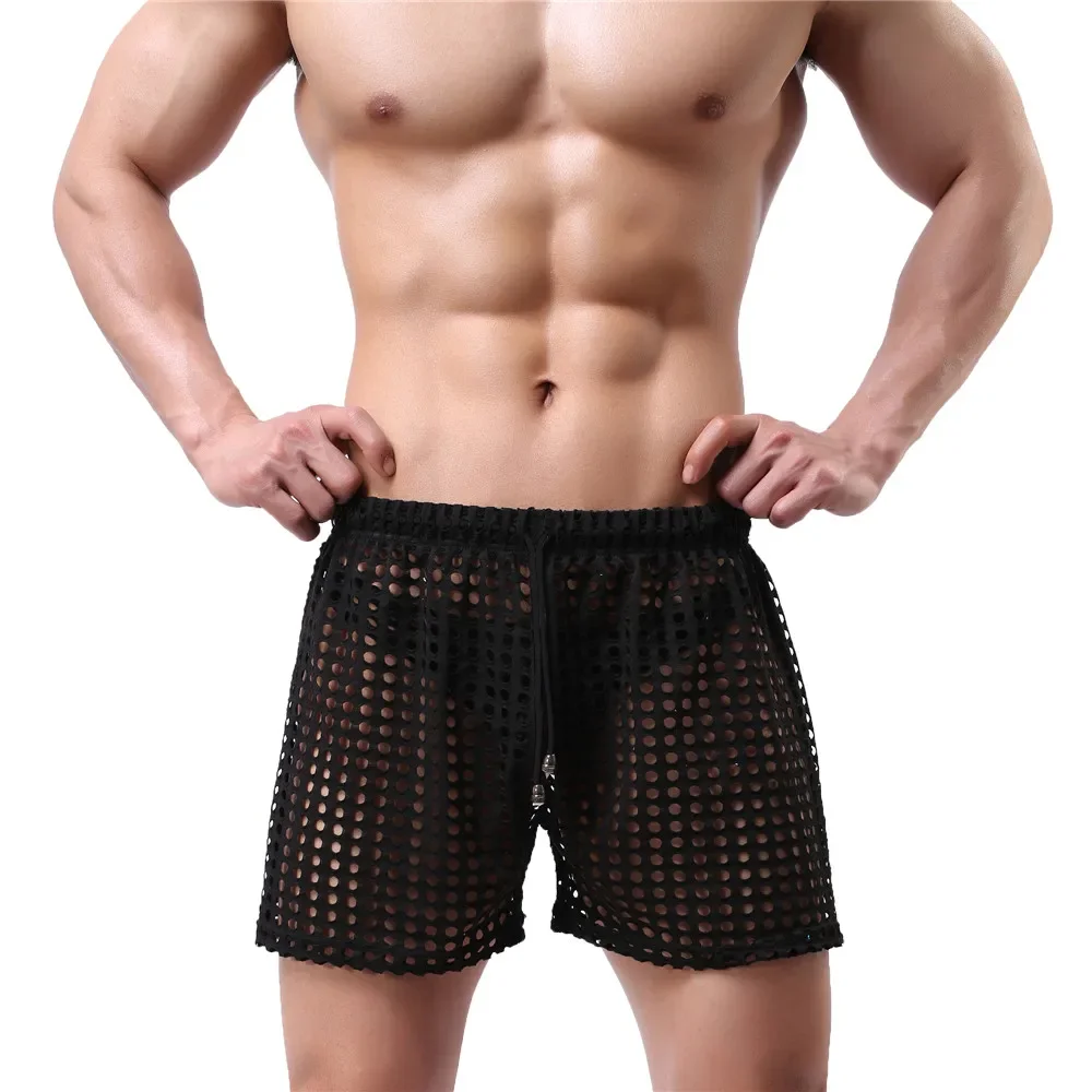 Sexy Mens Causal Shorts Big Mesh Breathable Gym Shorts Fishnet Boxers Transparent Loose Sleep Bottoms Men Hollow Out Swim Trunks