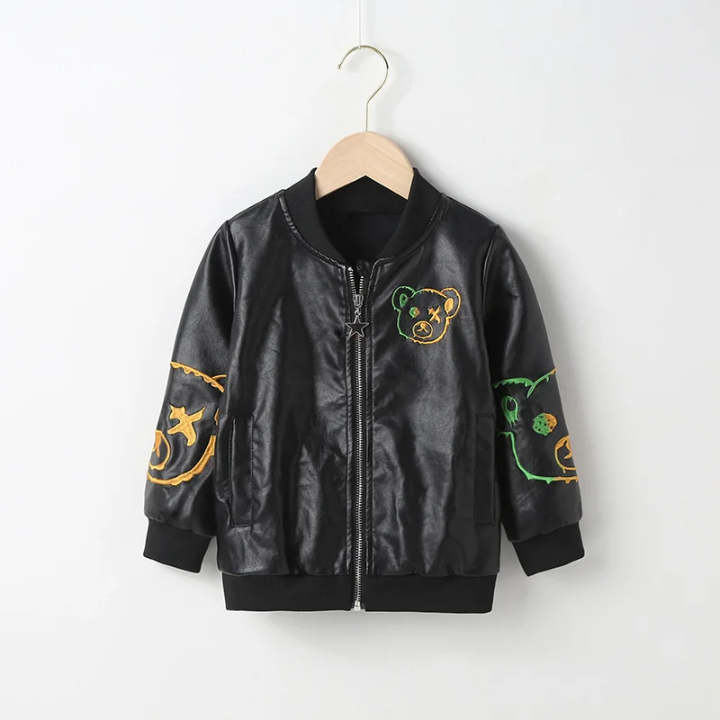 

Boys Coat Jacket Cotton Outerwear Overcoat 2023 Black PU Spring Autumn High Quality Children's Warm Clothing