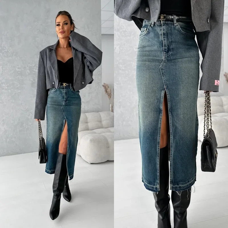 Streetwear Women Vintage Denim Long Skirt Slim High Waist Washed Distressed Button Pockets A Line Casual Female Split Skirts