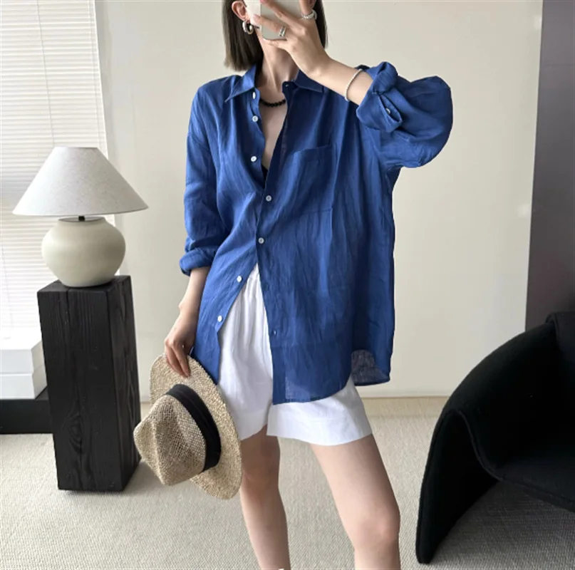 Casual Linen Blue Shirt Women Spring and Summer Sun Protection Cardigan Solid Color All-match Shirts with Button Lady Streetwear