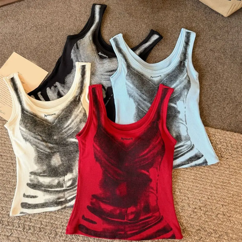 

Fashion American Style Tie-dye Camisole Sleeveless Y2k Girls Slim Crop Top Retro Camisole With Chest Streetwear