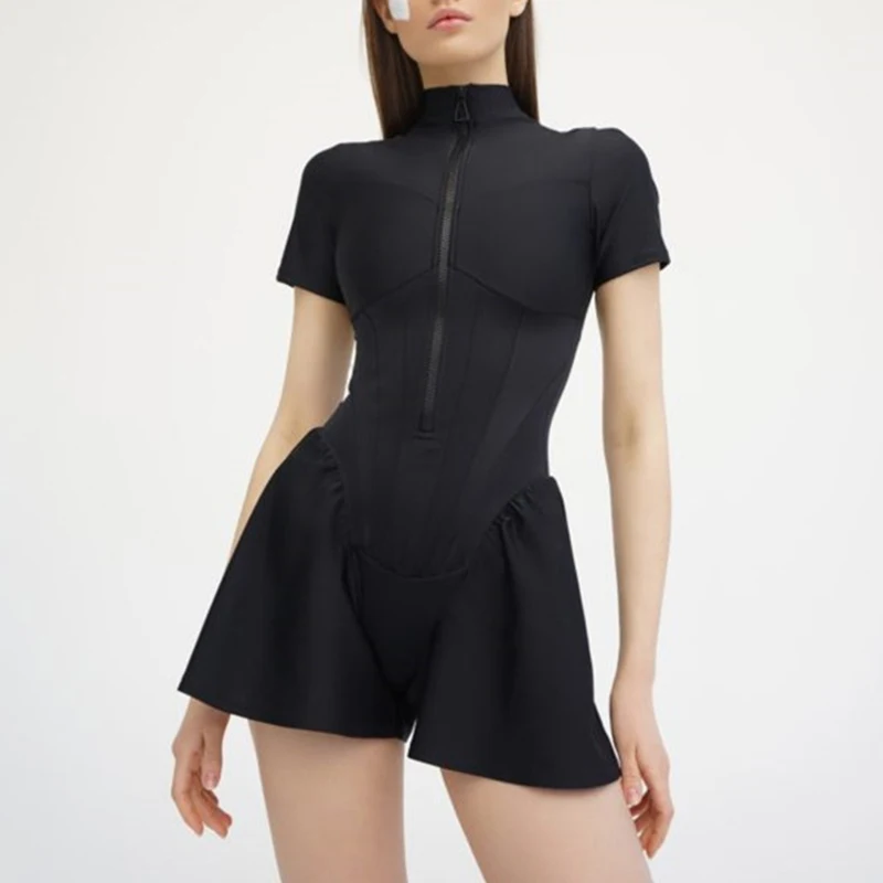 Sexy Bodycon Playsuit Women Jumpsuit O Neck Short Sleeve Zipper Bodysuit Female Elegant Slim Playsuits Rompers Body Autumn