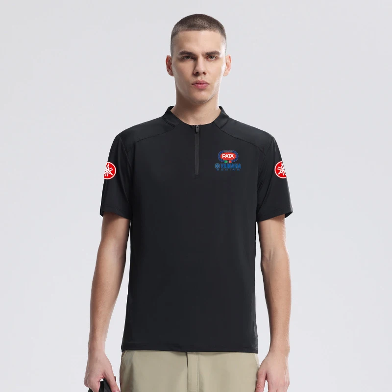 YAMAHA logo Men's short-sleeved T-shirt, featuring a semi-cupped collar design, made of silk fabric, a breathable short-sleeved