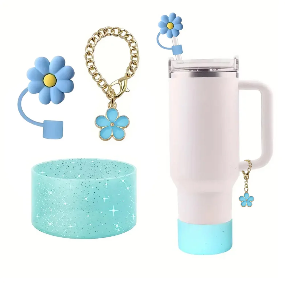 Flower Charm Chains Accessories for Stanley 20/30/40 oz Tumbler with 10mm Straw Topper and Glitter Protective Silicone Boot