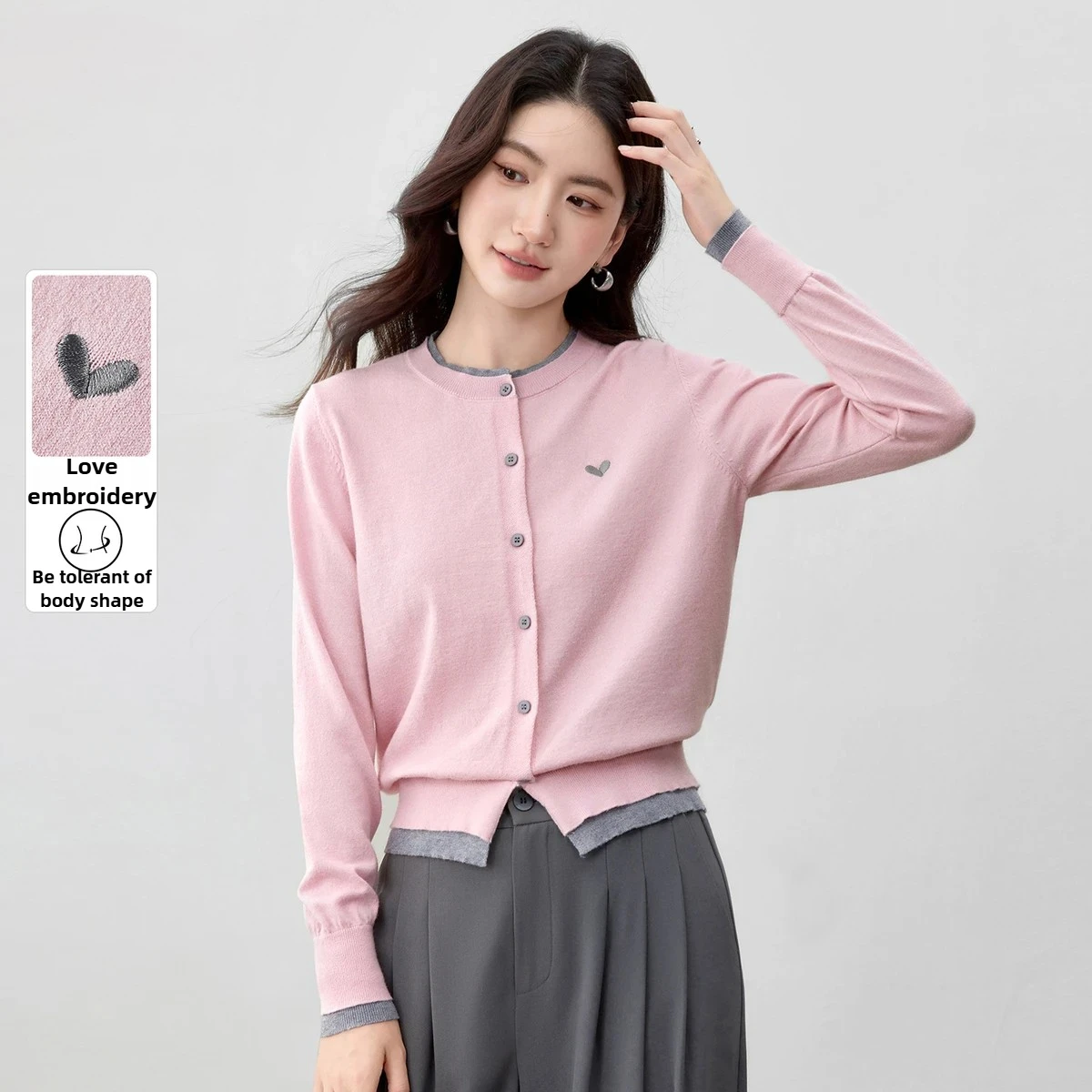 

SENTUBILA женский вязаный кардиган, осень 202, с контрастной отделкой, свитер с круглым вырезом и вышивкой в виде сердца, милый повседневный джемпер W53HD3392