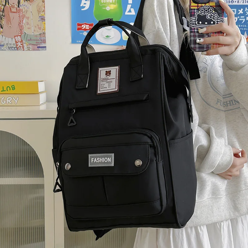 Middle School Student School Bag Girls Cute Backpack Solid Nylon Daypack Handheld Book Bag Large-Capacity Casual Travel Rucksack