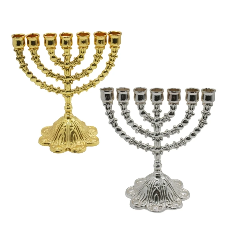 

7 Branch Jewish Menorah Holder Metal Flower Base Candlestick Home Decor