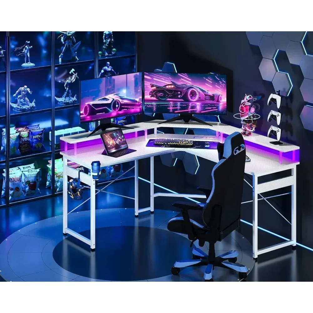 L-shaped gaming desk with LED lights and power socket, white carbon fiber, 51