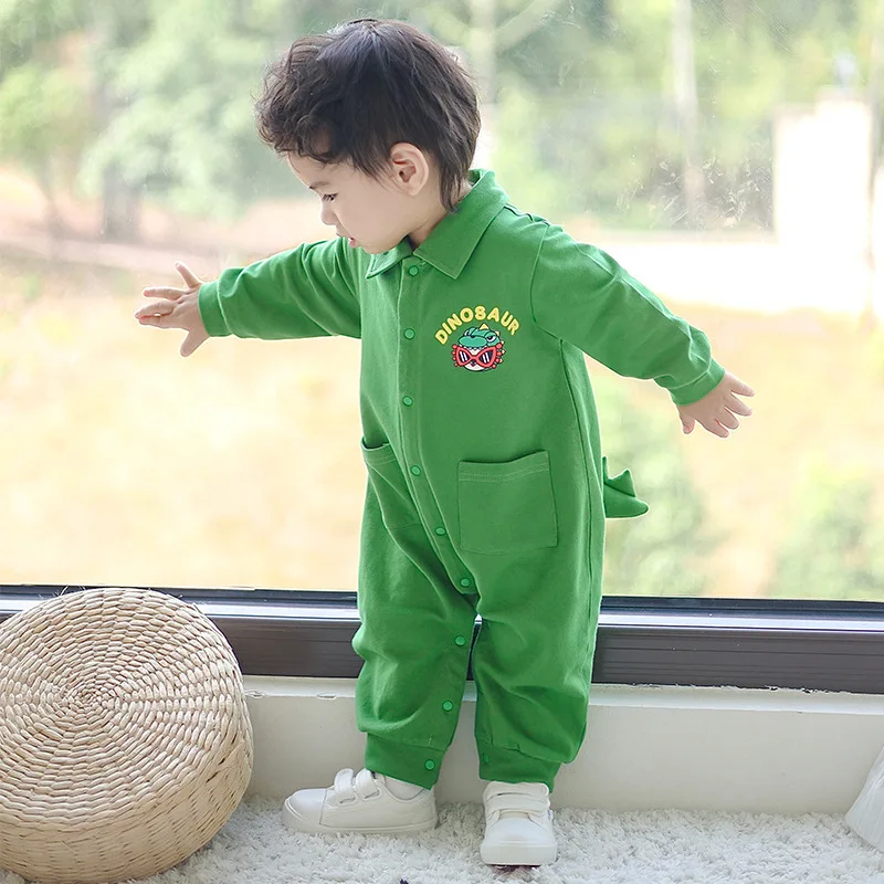 

Spring New 0-3 year old Baby Clothes Rompers Cute Lapel Long Sleeve Jumpsuit With Dinosaur Dimensional Design Baby Onesie