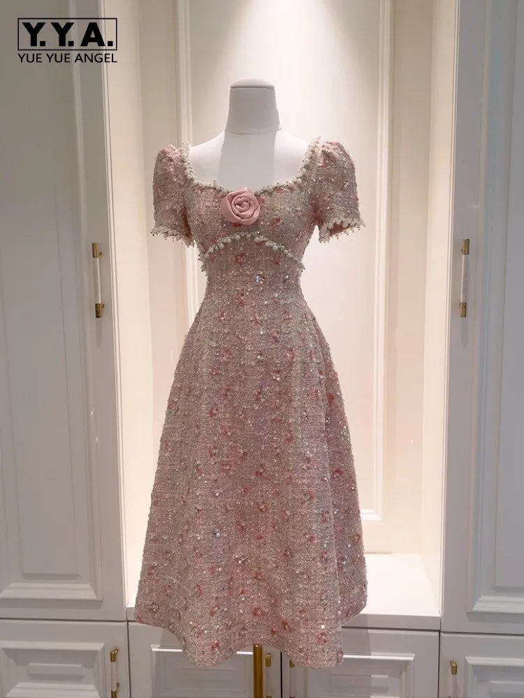 

Banquet Lady Sweet Tweed Dress Elegant Pink Sequined Flower Pearls Square Neck Backless Short Sleeve Women High Waist Long Dress