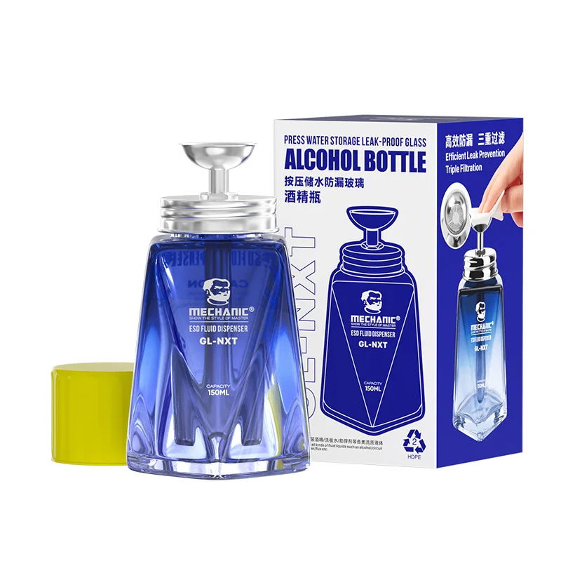 Mechaniker GL-NXT 150 ml Alkohol-Glasflasche, auslaufsicher, große Wasserschale, Press-Typ-ESD-Flüssigkeitsspender für die Reparatur von Telefonreinigungen