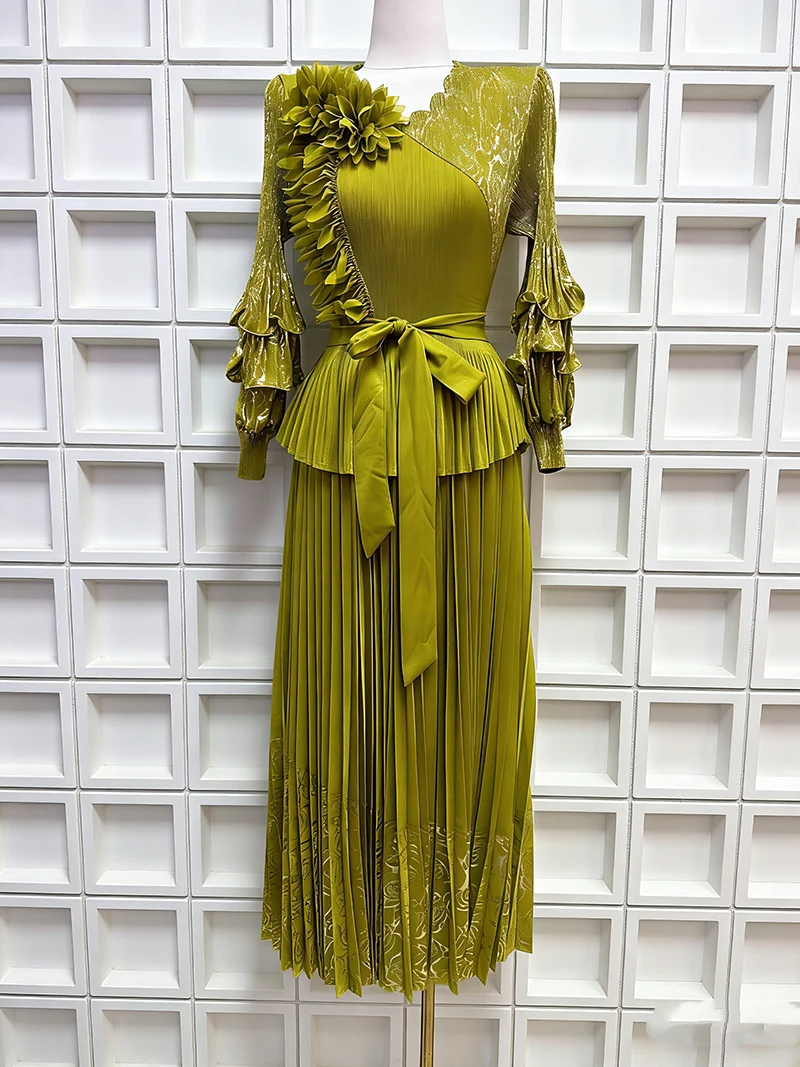 ANLAN Elegant Ruffled Pleated Women's Dress Lantern Sleeve High Waist Lace-Up Gold Embossing Dresses 2026 Summer New Tide 2AN950