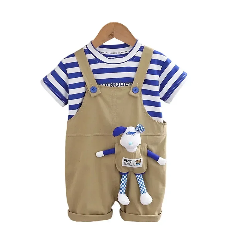 

Toddler Boys Outfits 2024 Summer Childrens Casual Striped O-neck Short Sleeved T-shirts and Overalls Two Piece Boy Set Kids Suit