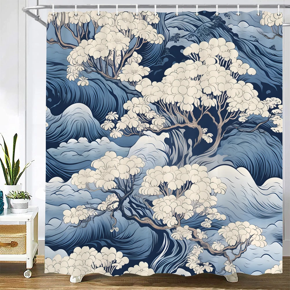 

Japanese style Flower And Birds Shower Curtains Bathtub Decor Curtains Machine Washable Fabric Polyester Curtain With Hooks
