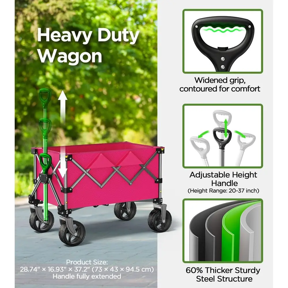 Draagbare all-terrain vouwwagen voor tuin, boodschappen, sport, kamperen - capaciteit van 220 lbs, grote wielen, roze