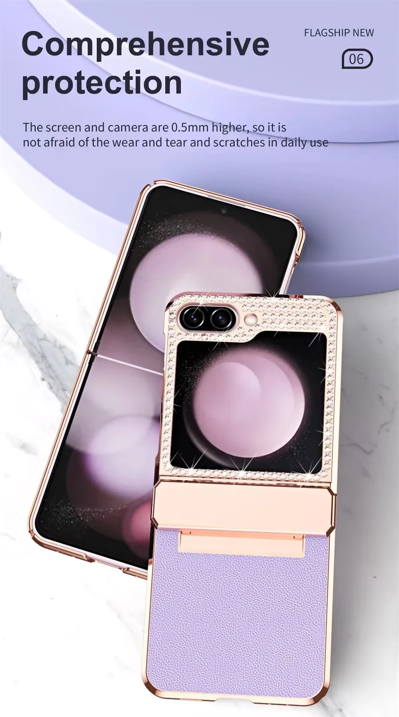 

Shiny Rhinestone Plated Bezel Hinged Phone Case For Samsung Galaxy Z Flip 7 6 5 4 5G Luxury Leather Shockproof Protective Cover