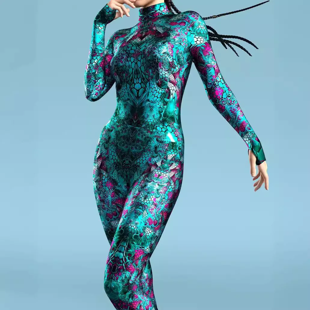 Colorful Women Bodysuit Cosplay Fisn Pattern Jumpsuit Zentai Jumpsuit Cyberpunk Print Halloween Carnival Cosplay Costume Girls