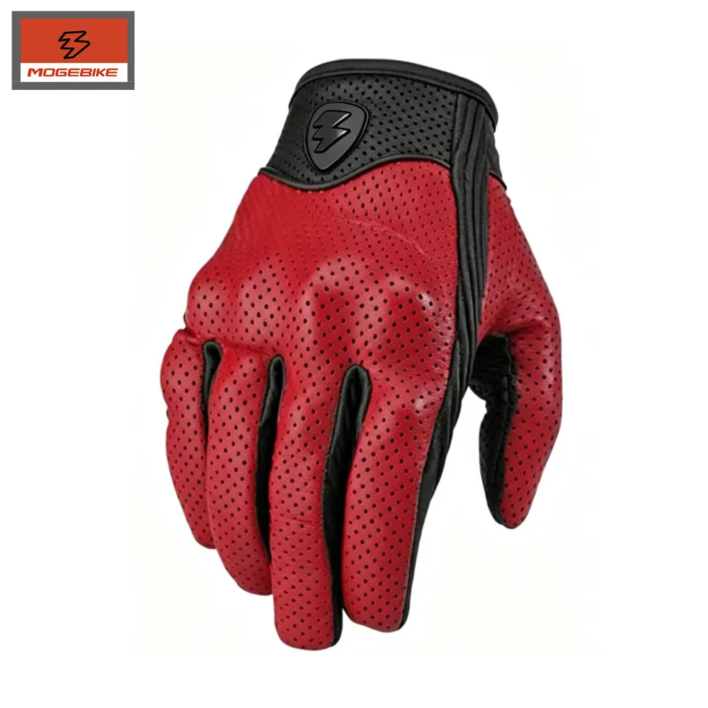 Retro Red Leather Motorcycle Gloves Men Women Breathable Perforated Motorbike Racing Gloves Touchscreen Anti-slip Retro Motobike