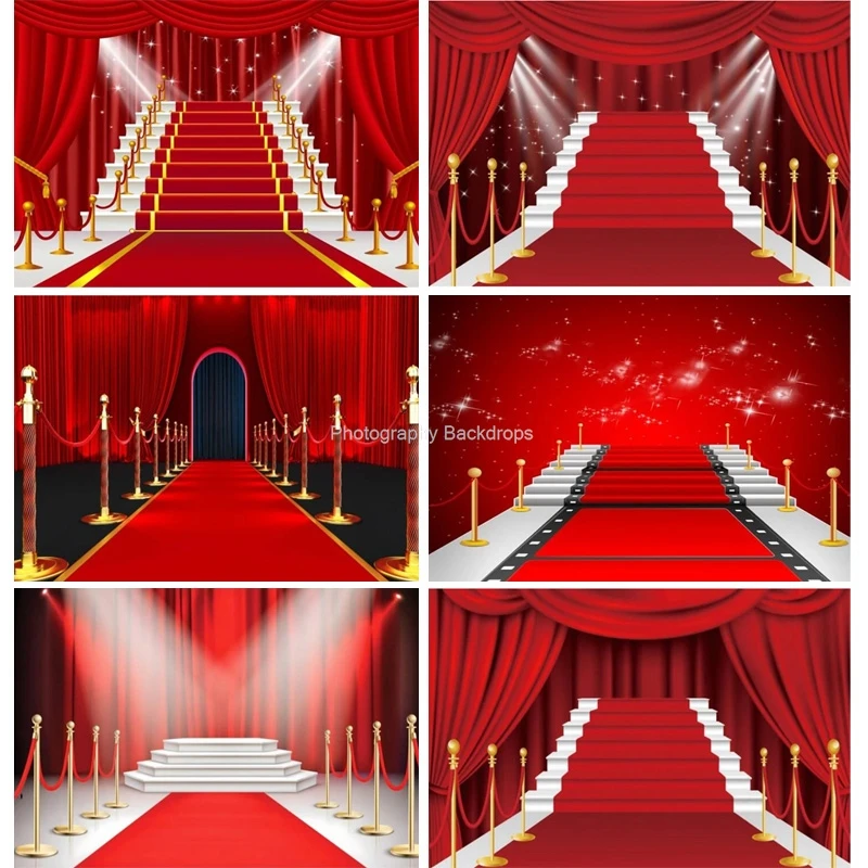 

Red Stage With Red Carpet Photography Backdrop Award Ceremony Party Grad Prom Decoration Photo Studio Background Photocall JU-01