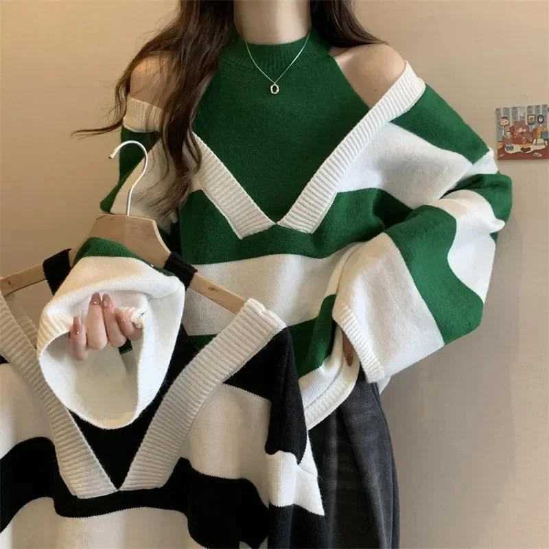 

Korean Fashion Lazy Style Striped Off-Shoulder Halterneck Sweater For Women Autumn Loose Slimming Hot Girl Bottoming Shirt Top