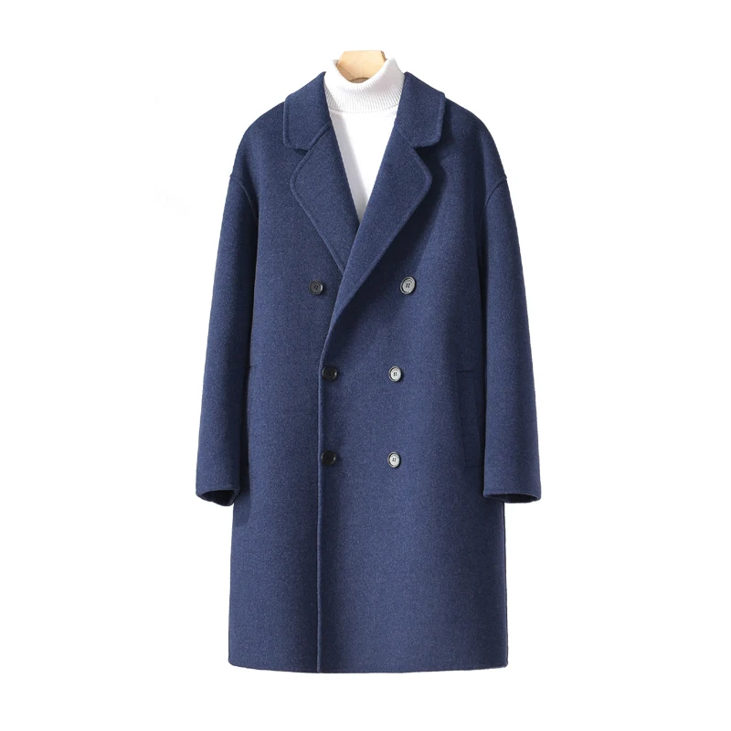 

Autumn Winter Double-Sided 100% Pure Wool Coat Men Loose Drop Shoulder Double-Breasted Woolen Jacket Mid-Length Trench Coat