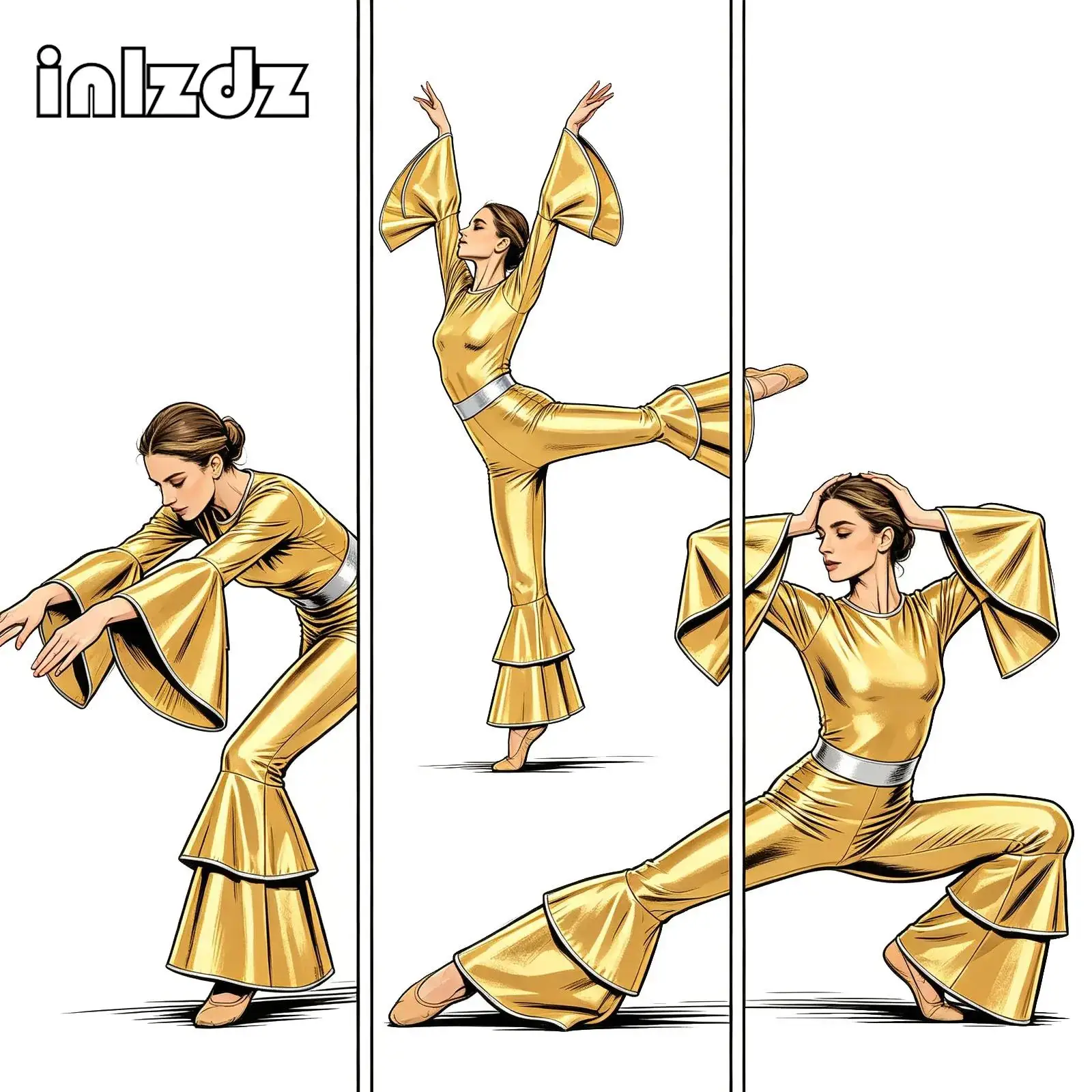 

Vintage 70s 80s Disco Dance Jumpsuit Womens Metallic Flare Sleeve Hippie Bell Bottom Bodysuit Shiny Jazz Performance Rompers