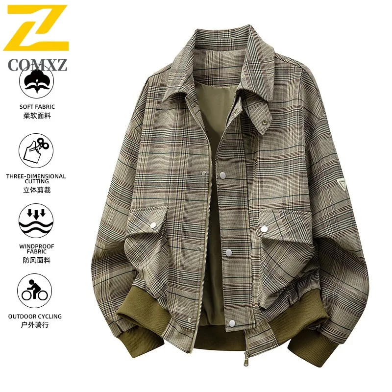 

COMXZ 2025 M 8XL Plus Size Coat Men Women Stand Collar Houndstooth Jacket American Vintage Short Loose Harrington