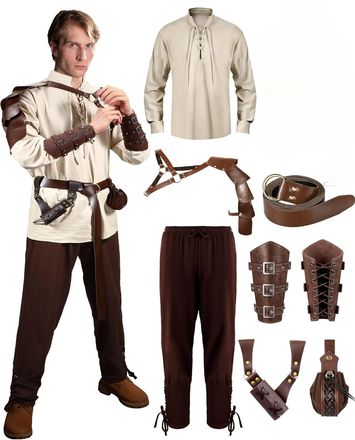 

Panitay 8 Pcs Men's Renaissance Costume Set Halloween Medieval Viking Shirt Pant Belt Cape Bracer Sword Bag