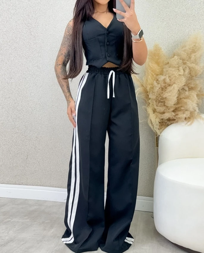 Fashionable Street Retro 2 Piece Striped V-Neck Slim Fit Sleeveless Front Button Tank Drawstring Wide Leg Casual Pants Sets