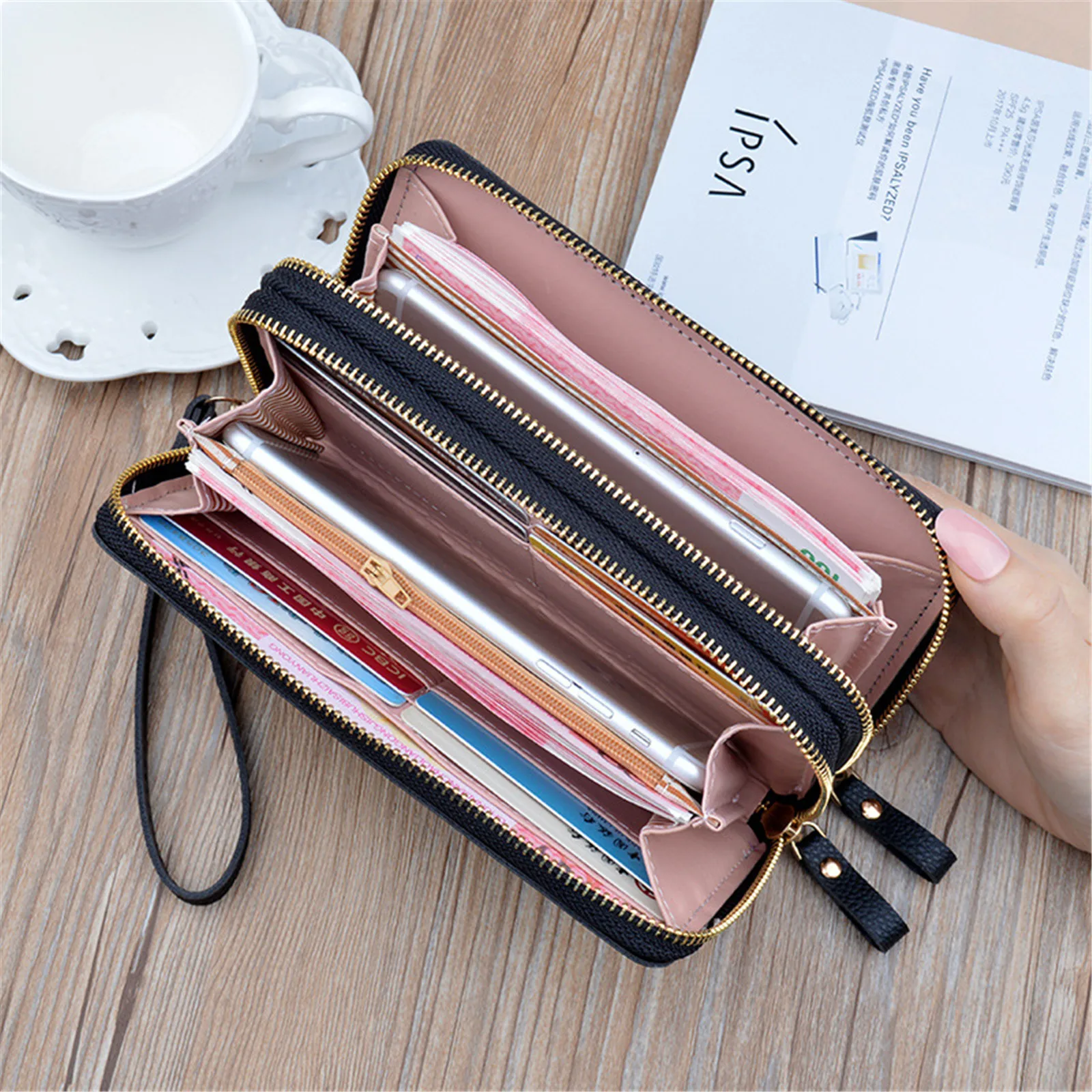 Women\'S New Long Double Zipper Clutch Fashionable Contrast Color Large Capacity Double Layer Wallet Coin Mobile Phone Bag