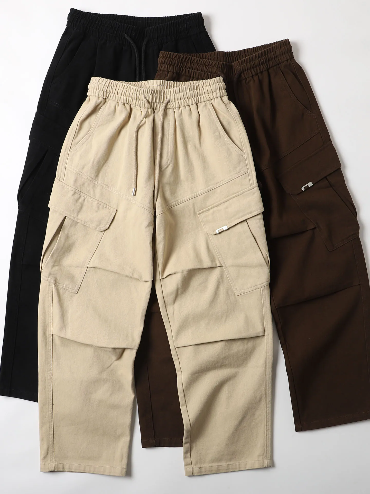 

American Sle Khaki Heavyweight Pure Cotton Work Pants Men's Loose Tapered Wide Leg Casual Dads Pants with kets