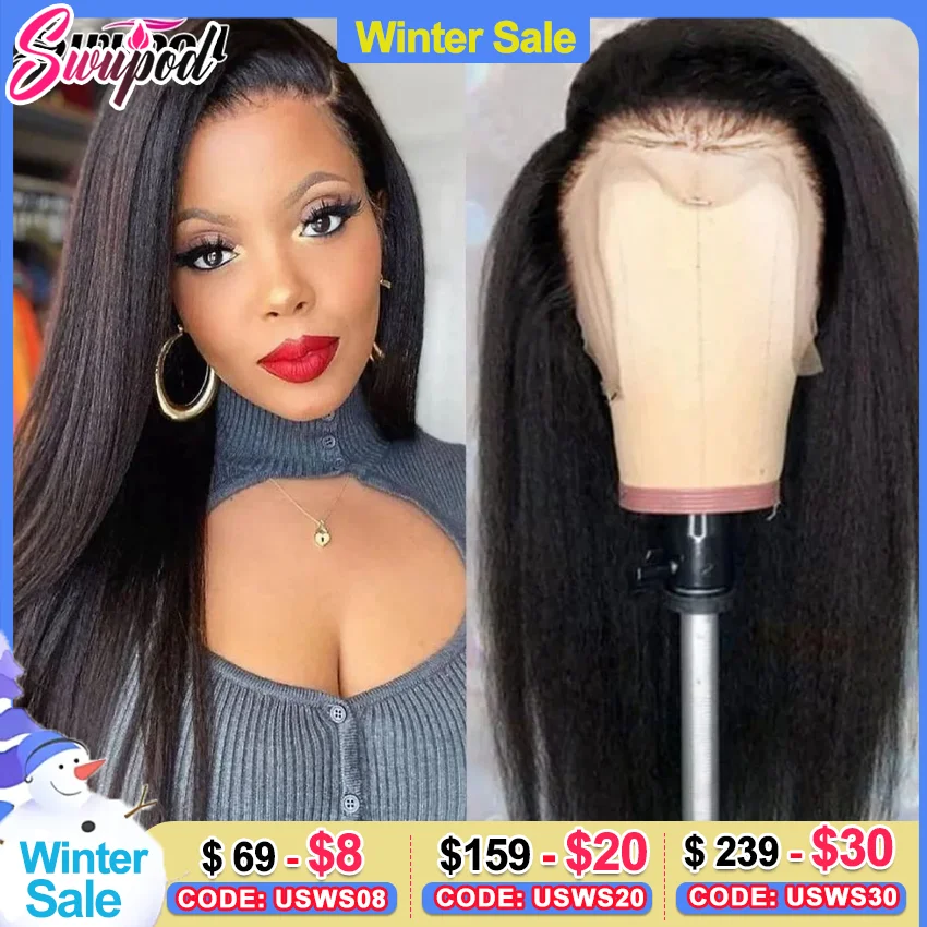 

Swupod 200% Density 13x4 13x6 HD Lace Front Wig YAKI Kinky Straight Remy Human Hair for Women Natural Black Frontal Glueless