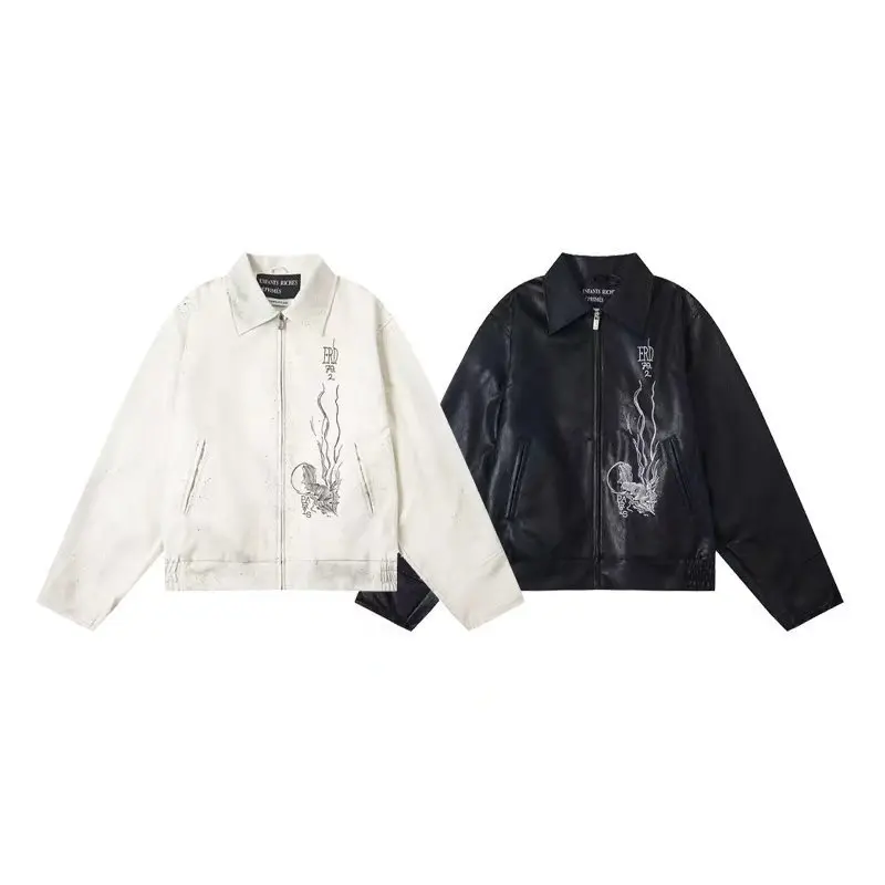 

Casual Embroidered Fce Lined PU Leather Jaet Loose Fit Youth Outerwear for Autumn And Winter Street Sle Windproof Zipper