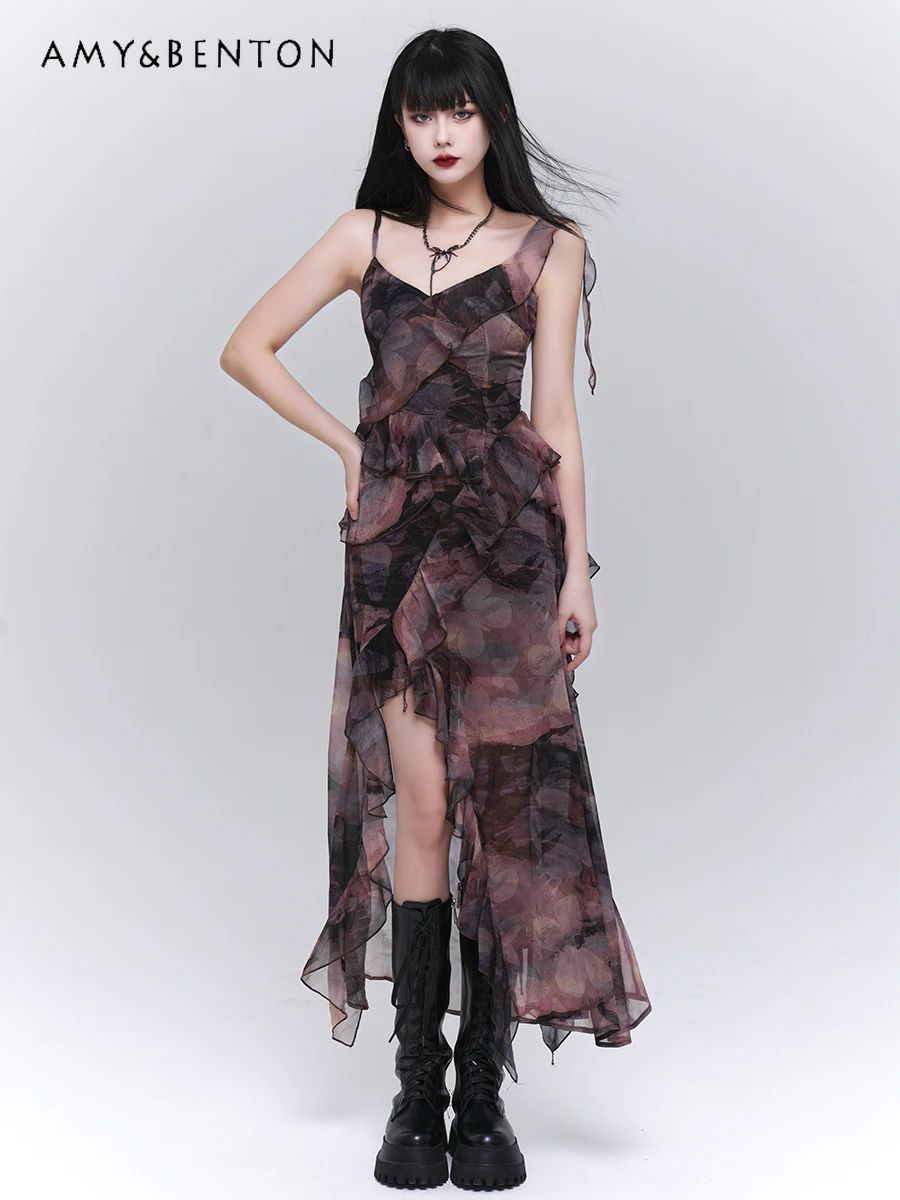 

2025 Summer New Irregular Dress Suspender Long Dress Concert Music Festival Hot Girls V Neck Slim High Waist Dress
