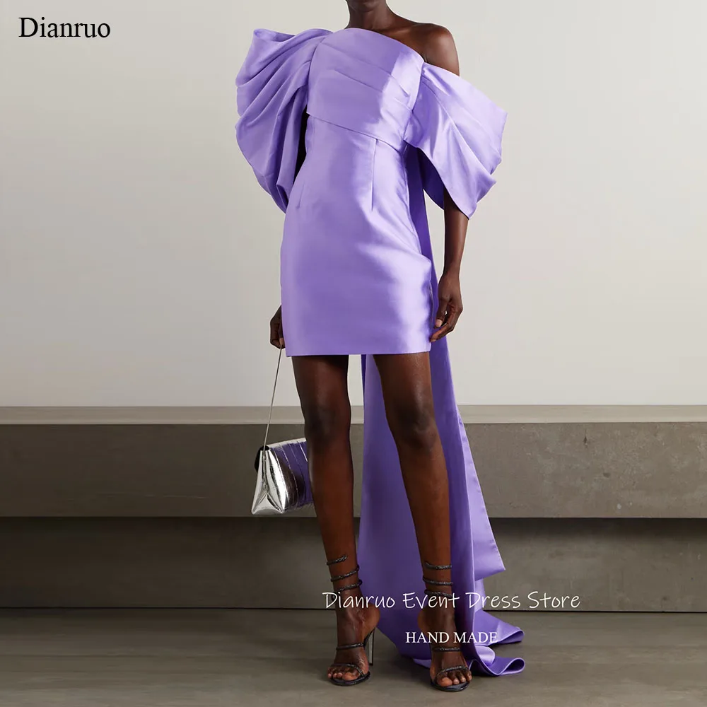 

Dianruo Asymmetric Neckline Prom Dresses Above Knee Chic Cocktail Dress Pleated Bow Like Sleeves Homecoming Dresses Customized