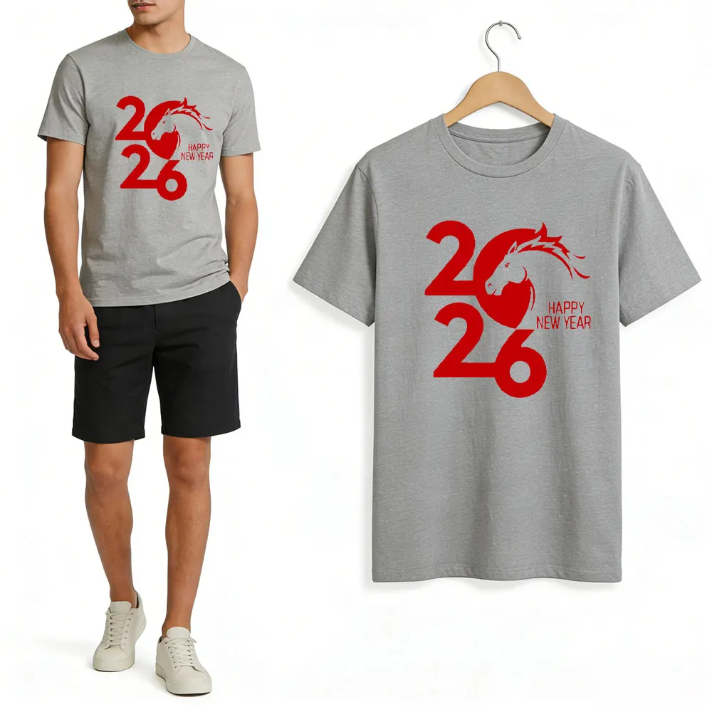 2026 السنة الجديدة للحصان سعيد الرجال قميص قصير الأكمام الصينية زودياك 2026 عيد الميلاد 2026 سنة الحصان موضة تي شيرت بلايز #5