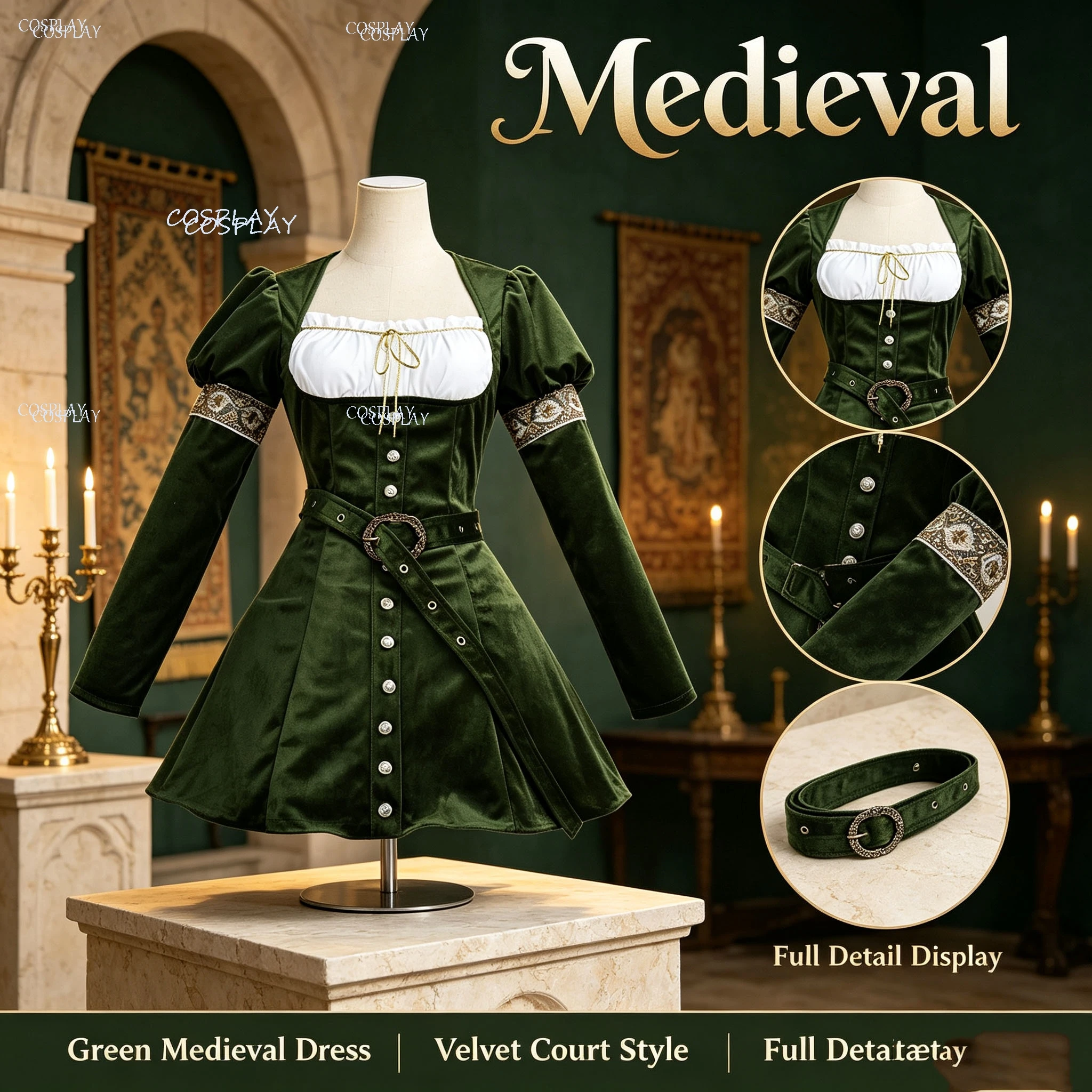 Vestido medieval de bosque para mujer, traje de arquero de terciopelo verde, minivestido de princesa renacentista con cinturón, disfraz de Halloween para juegos de rol